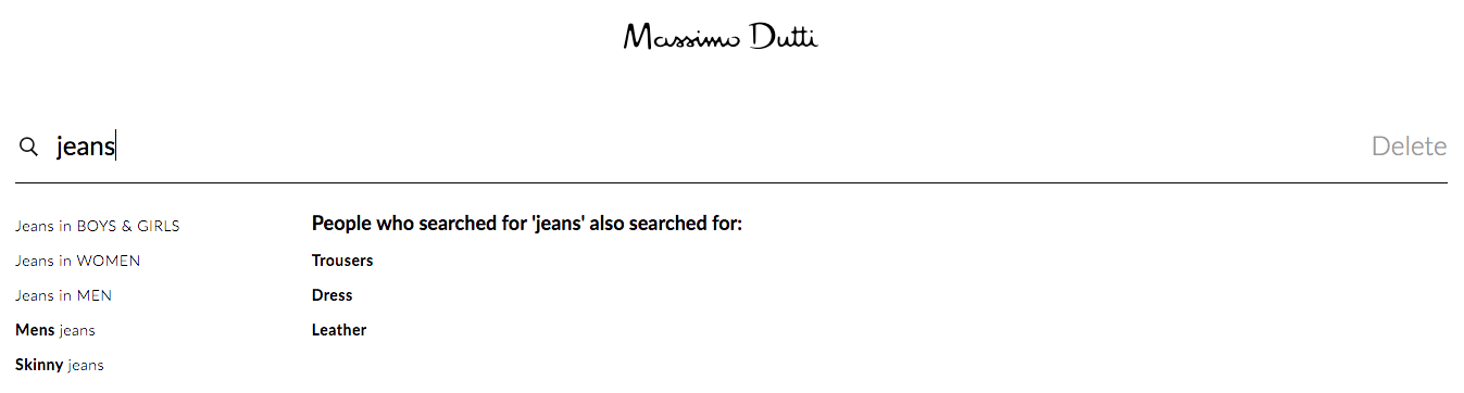 Search suggestions after returning to the search box in Massimo Dutti