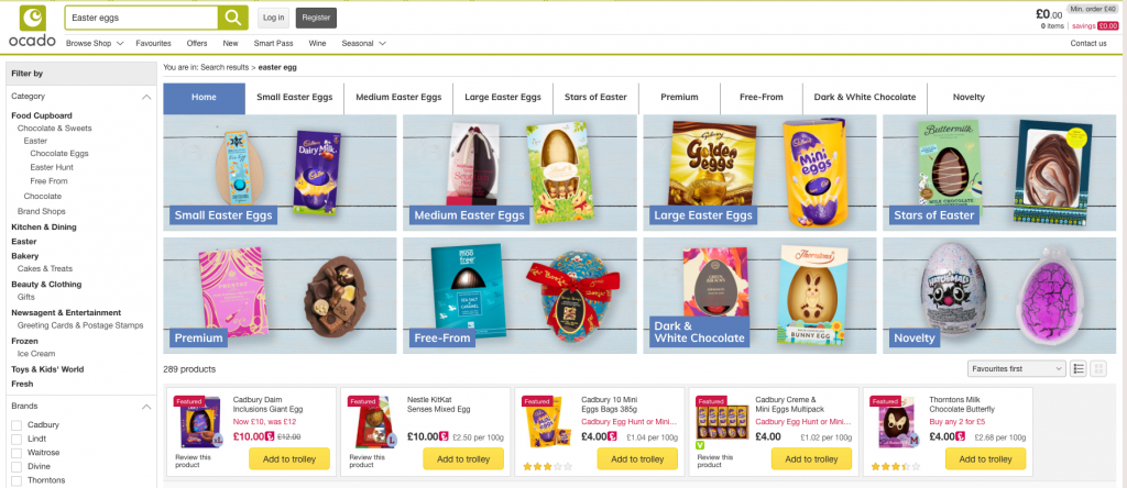 Ocado’s search results and filtering options when searching for Easter eggs