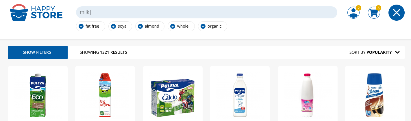 From a specific query (in this example ‘milk’), the search box proposes complementary tags to narrow the results to the ones most suitable/desirable for the user. The whole catalogue matching the query appears in real time just under these tag suggestions.