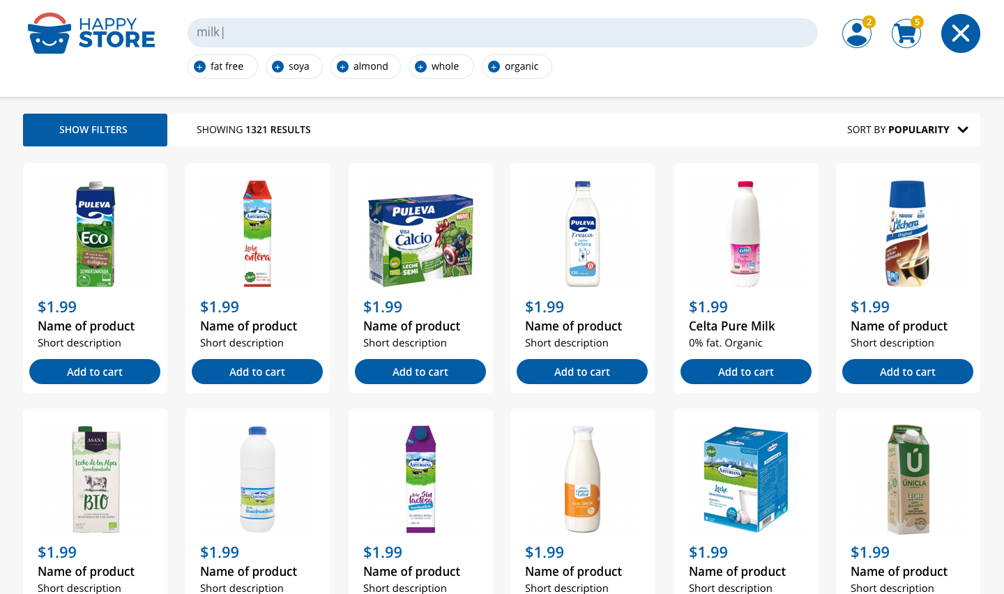 The main practice for most users is to browse through the catalog; power users may use filters that, in this example, are accessible through a ‘show filters’ CTA next to the logo and preceding the results.